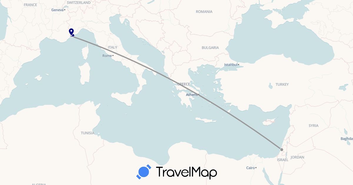 TravelMap itinerary: driving, plane in France, Israel, Monaco (Asia, Europe)